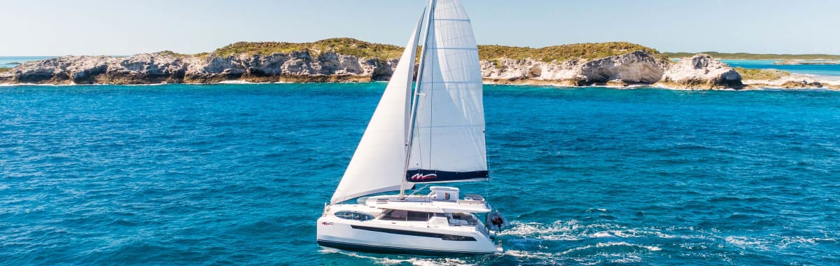 Moorings 5000 under sail in the Exumas, Bahamas